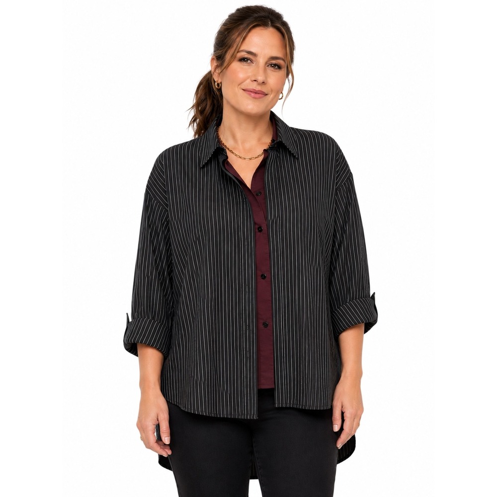Soft Surroundings Black White Pinstripe Mixed Media Button Down Shirt Size PL